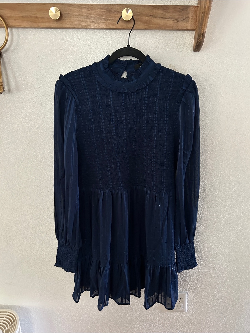 Lulus Dark Blue Long-Sleeve Ruffle Yoke Women's Dress
